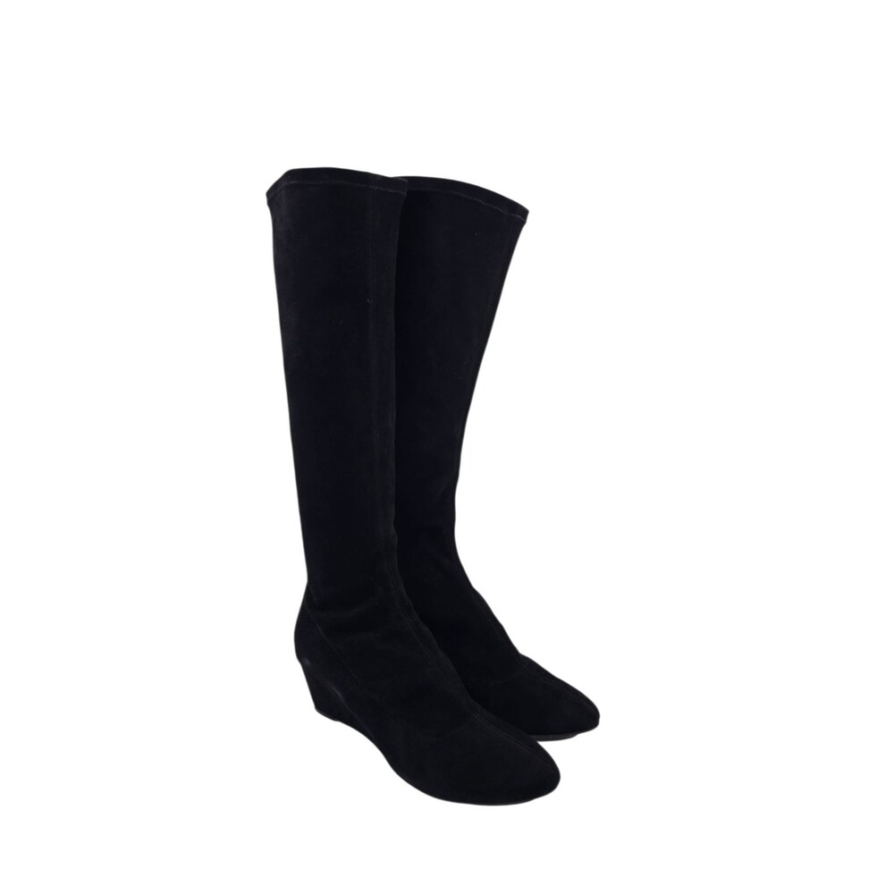 Dana Davis Black Suede Leather‎ Wedge Heel Knee High Boots Women's 8 Italy EUC
